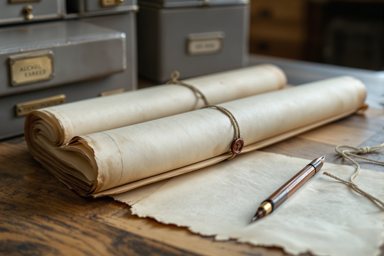 Boîtes d'archives, registres reliés et un document plié sur une table de dépôt