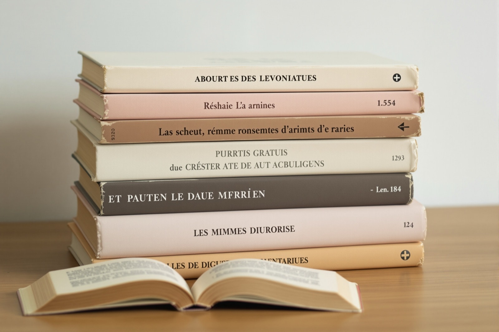 Livres brochés du XXe siècle empilés, couvertures typographiques